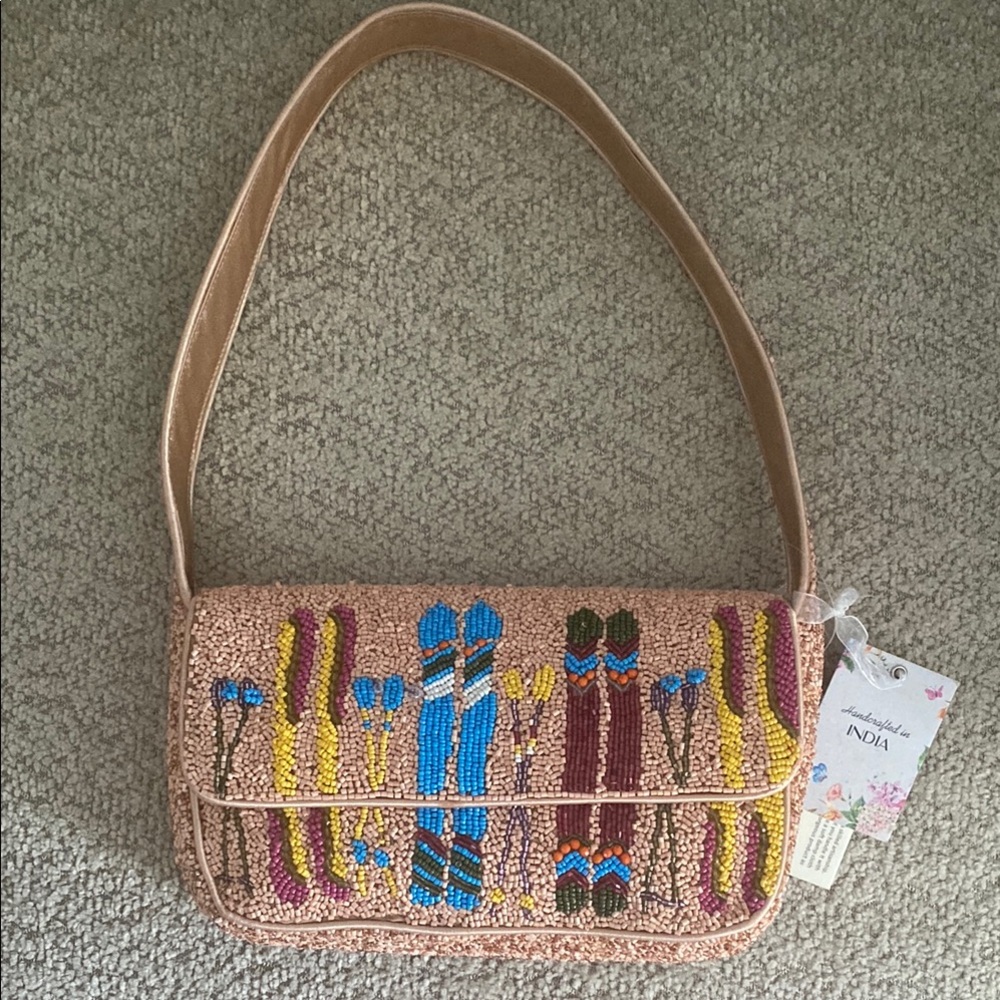 Handcrafted Beaded Skis Shoulder Bag in Blush Pink